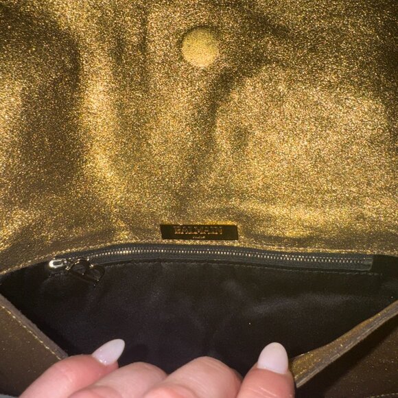 Balmain Gold Croc Leather, Suede, and Rhinestone Patchwork Clutch - Picture 7 of 10